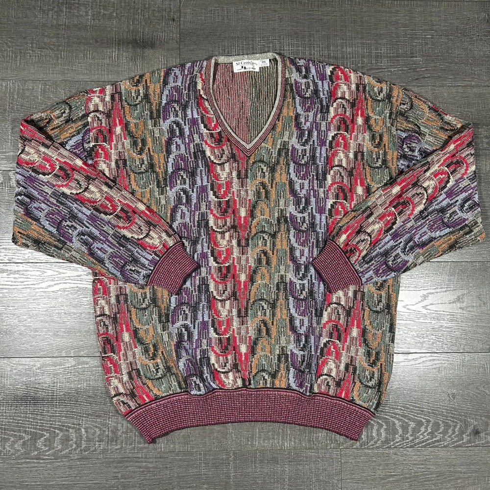 St. Croix Knits Mens XXL Long Vintage 3D‎ Textured Abstract V-Neck Sweater USA